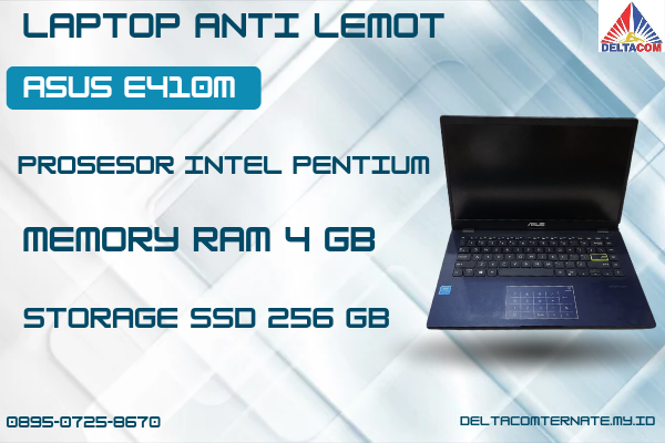 ASUS E410M , TYPE BARU BODY SLIM, PROSESOR INTEL PENTIUM MEMORY RAM 4 GB STORAGE SSD 256 GB DISPLAY 14 INCH MULUS , WARNAH UNGU, LECET SDIKIT,